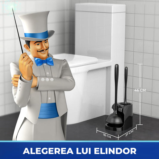 Set Perie WC si Pompa Silicon Elindor® de Toaleta sau Chiuveta, pentru Baie, Suport Discret, Maner Ergonomic, Perie 360°, Ventuza Puternica, fara Gaurire, Accesorii pentru Uz Casnic, Comercial, Rulote, 21 x 16 x 46 cm, Negru