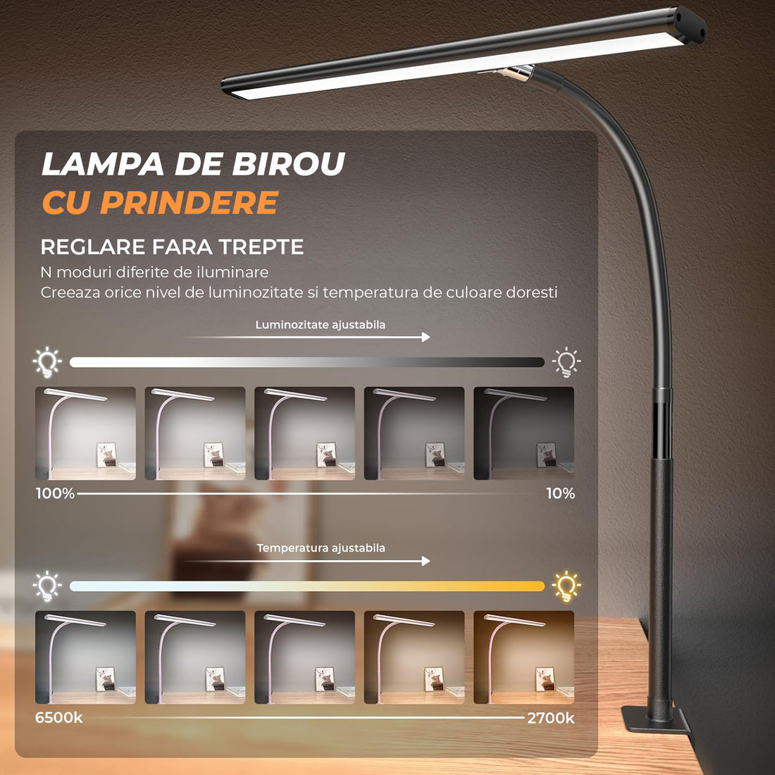 Lampa LED de Birou Elindor® Ultra Wide, Luminozitate si Temperatura Lumina Reglabila, Clema de Prindere, Gat Reglabil, Temperatura Lumina 2700-6500K, Latime 44 cm, Negru