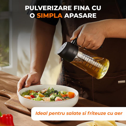 Pulverizator Ulei 2 în 1 Elindor®, Oliviera 470ml, Sticla Dozatoare Multifunctionala, Control Precis, pentru Gatit, Friteuza cu Aer, Salate  Material Sticla si PVC, Design Dual, Negru