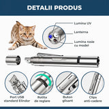 Jucarie Interactiva Elindor® pentru Pisici si Caini, Laser Pointer Reincarcabil USB, 7 Moduri Ajustabile, Lanterna LED, Otel Inoxidabil, Argintiu