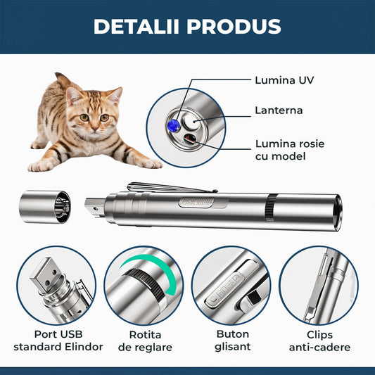 Jucarie Interactiva Elindor® pentru Pisici si Caini, Laser Pointer Reincarcabil USB, 7 Moduri Ajustabile, Lanterna LED, Otel Inoxidabil, Argintiu