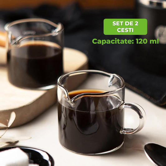 Set 2 Cesti Espresso Elindor® 120 ml, Sticla Borosilicata Termorezistenta, Pereti Dubli, Duze Duble pentru Turnare, Rezistente la Congelator, Masina de Spalat si Cuptorul cu Microunde, Transparent