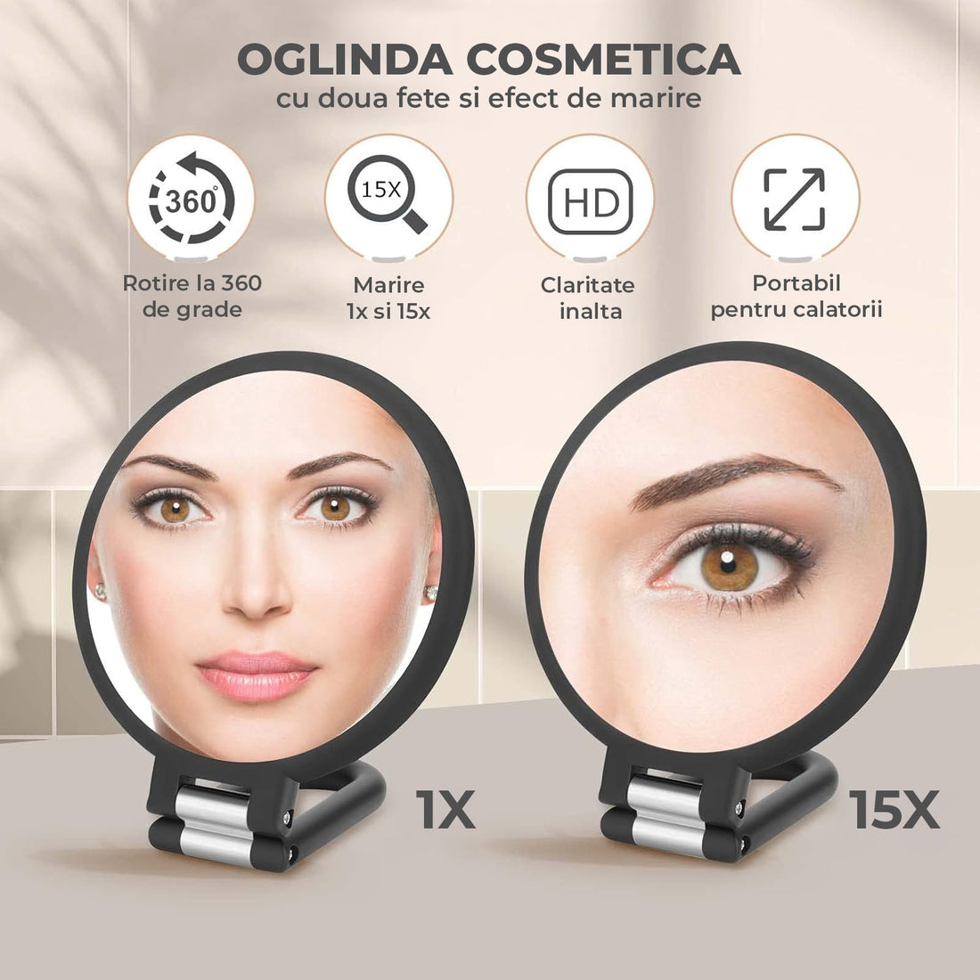 Oglinda Cosmetica Pliabila Elindor® Rotire 360°, Efect de Marire Lupa 15x, Oglinzi Cosmetice pentru Coafor, Frizerie, Barbierit, Pensat, Vopsit, Tuns, Machiaj, ABS Durabil, 3 Functii de Utilizare Agatare, in Mana sau pe Masa, 24.4x14 cm, Negru