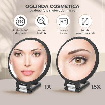 Oglinda Cosmetica Pliabila Elindor® Rotire 360°, Efect de Marire Lupa 15x, Oglinzi Cosmetice pentru Coafor, Frizerie, Barbierit, Pensat, Vopsit, Tuns, Machiaj, ABS Durabil, 3 Functii de Utilizare Agatare, in Mana sau pe Masa, 24.4x14 cm, Negru