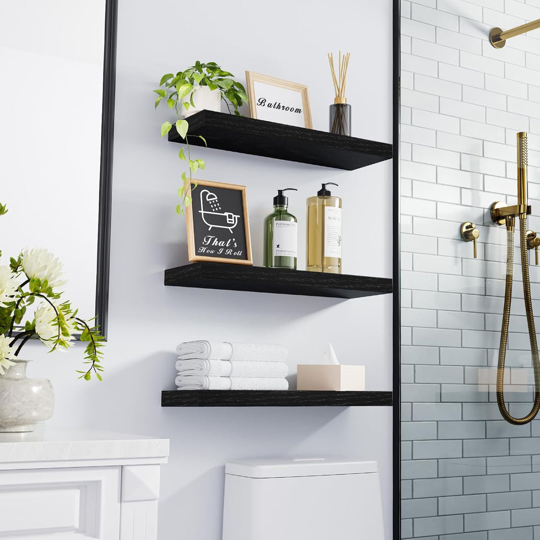 Set 3 Rafturi Elindor® Negre, Raft Suspendat de Depozitare, Mobila Bucatarie, Dormitor, Baie sau Birou, Etajera Practica cu Design Aerisit, Usor de Asamblat, Perfecta pentru Organizare Carti, Vesela, Condimente, Polita Produse Diverse, 40 x 17 x 1.5 cm