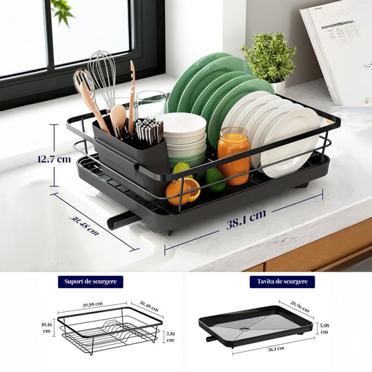 Scurgator Vase Extensibil Elindor®, Suport Uscat Vesela Pentru Chiuveta, Uscator Inox Incorporabil, Ideal pentru Farfurii, Tacamuri, Capace, Tigai, Pahare, Tava Scurgere Plastic, Organizator Metalic Bucatarie Multifunctional, 38 x 30.5 x 10 cm, Negru