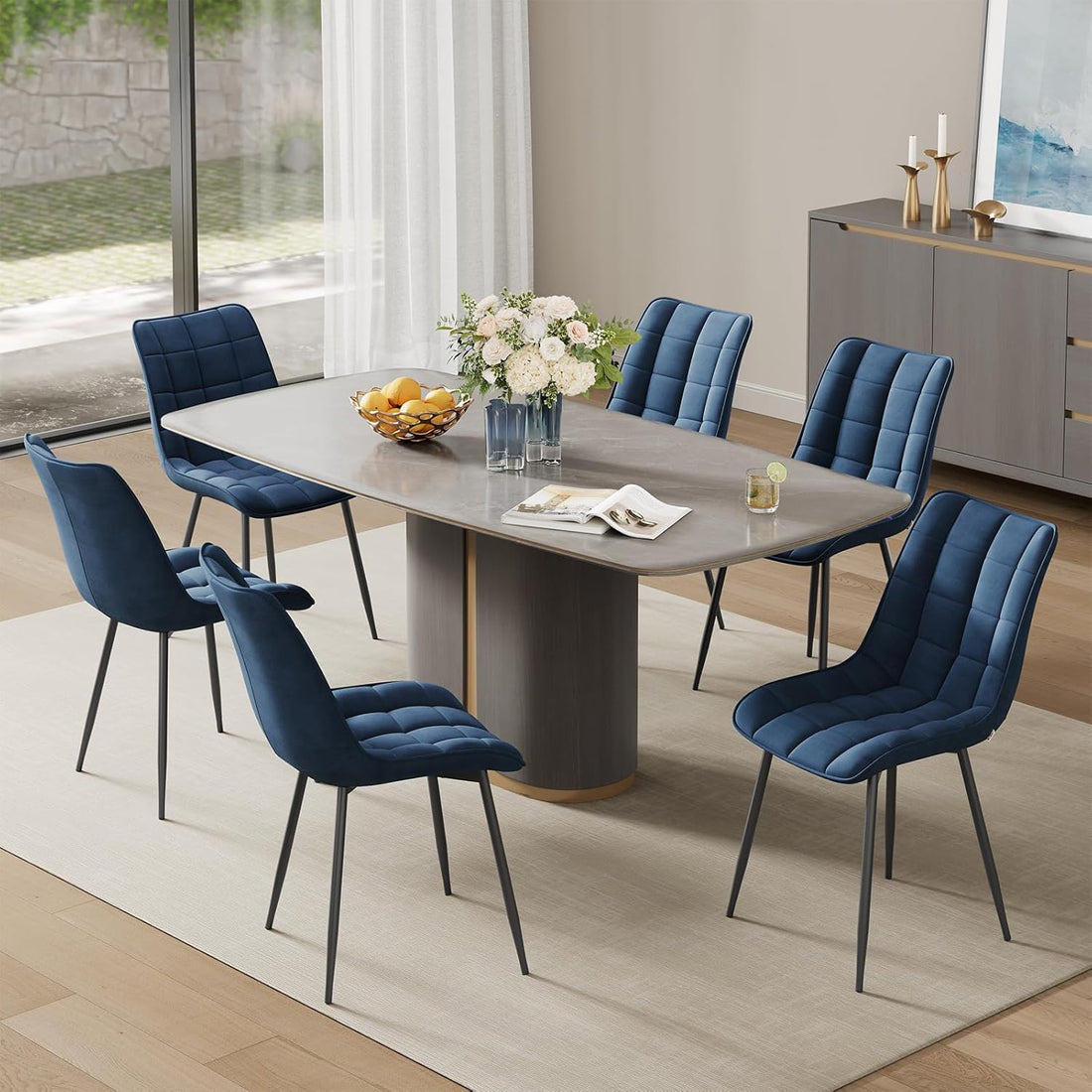 Set 2 Scaune Elindor® Ergonomice, Design Contemporan, Scaun cu Spatar si fara Manere, din Catifea cu Picioare Metalice Negre, Potrivite pentru Living, Bucatarie, Birou, Dormitor, Latime Sezut 46 cm, 85.5 x 45 x 42 cm, Albastru Marin