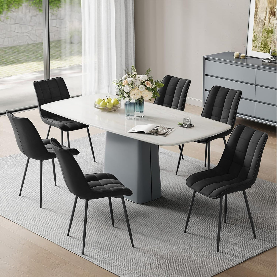 Set 2 Scaune Elindor® Ergonomice, Design Contemporan, Scaun cu Spatar si fara Manere, din Catifea cu Picioare Metalice Negre, Potrivite pentru Living, Bucatarie, Birou, Dormitor, Latime Sezut 46 cm, 85.5 x 45 x 42 cm, Negru