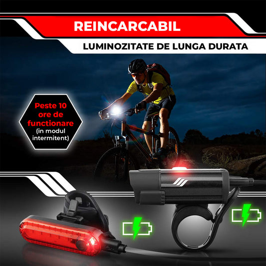 Set Lumini pentru Bicicleta Elindor® Far Fata 400 Lumeni, cu 5  Moduri de Iluminare, Lumina Stop Spate LED, Impermeabil IPX4, Faruri cu Incarcare USB, Montaj Rapid, Vizibil pe Timp de Zi si Noapte, Accesorii Bicicleta, Clopotel Inclus Negru