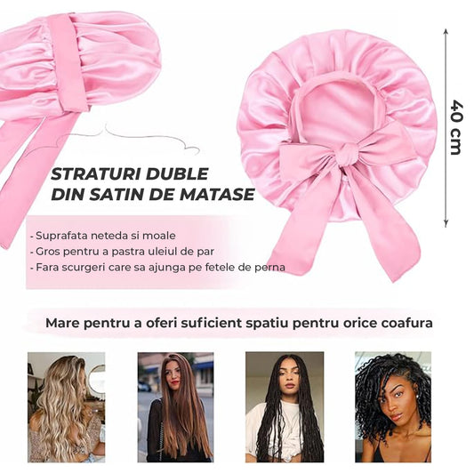 Bonetă din Satin Elindor® cu Bandă Reglabilă pentru Noapte, Roz