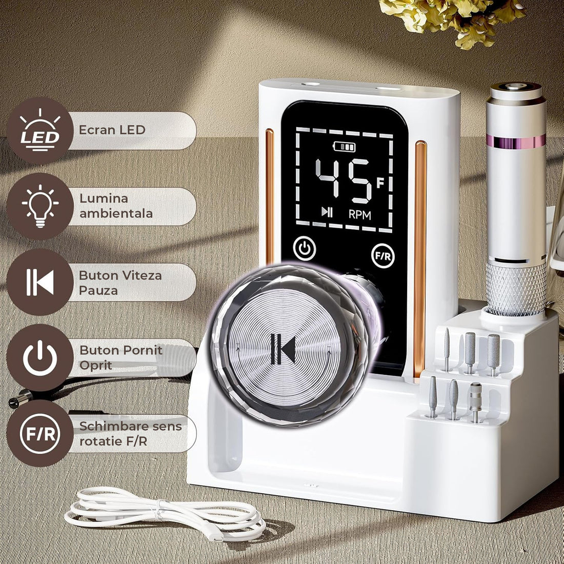 Freza Portabila Unghii Elindor® 45000 RPM, Pila Electrica Profesionala, Manichiura si Pedichiura, Cu Fir, Lampa LED, Ecran LCD, Accesorii Incluse, Capete Diverse, Slefuire Cuticule, Alb