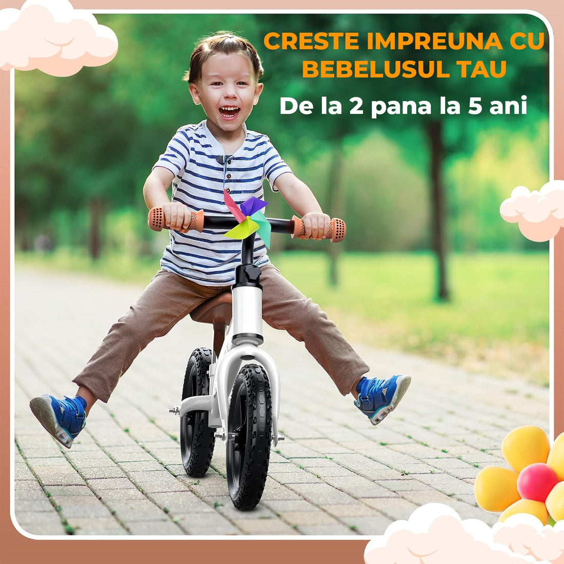 Bicicleta Fara Pedale Elindor®, Scaun Reglabil si Confortabil, Usoara, Alb