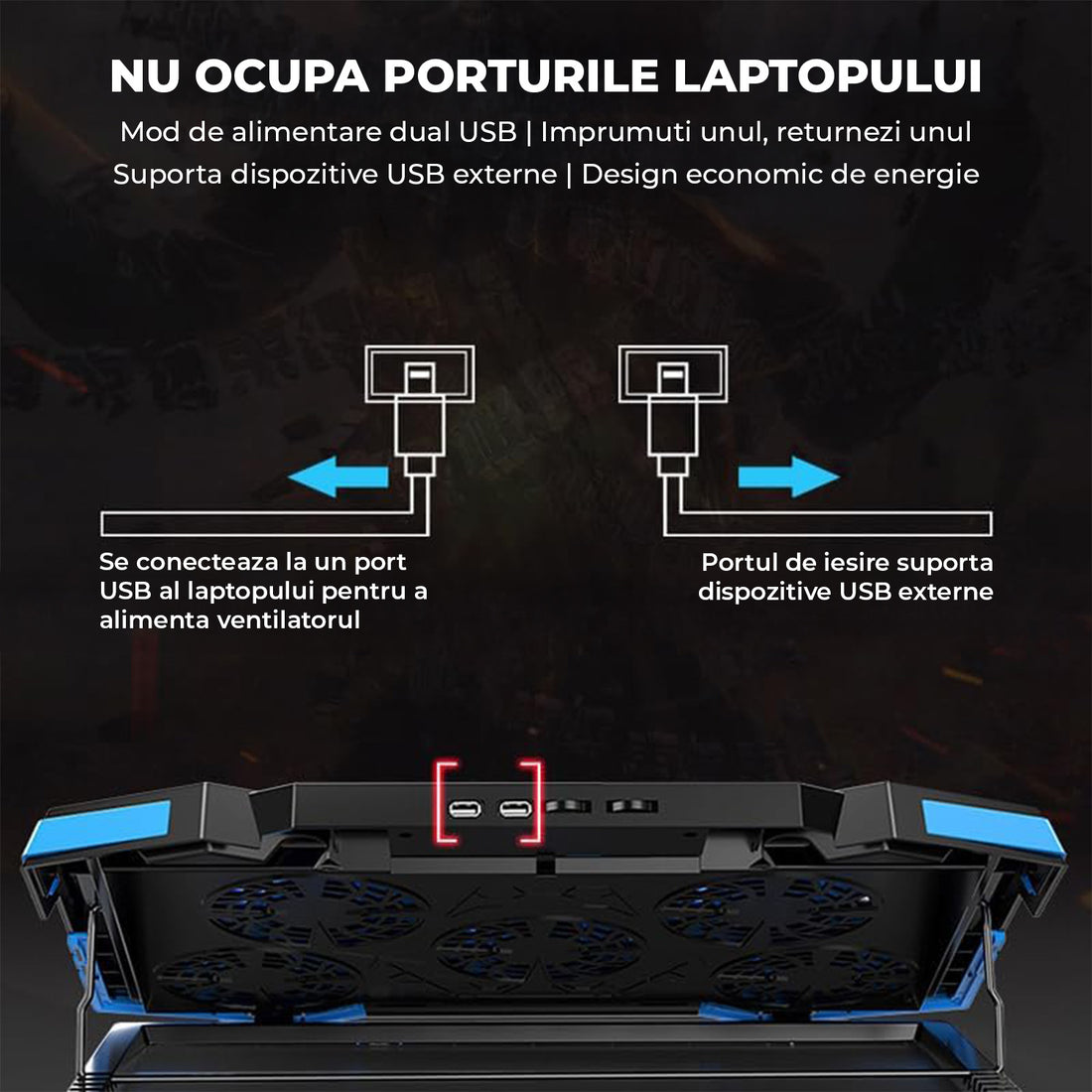 Cooler Laptop Gaming RGB Elindor® Suport cu Unghi Reglabil pe 5 Nivele, Viteza Ajustabila, Dimensiuni Compatabile 15.6-17 Inch, 5 Ventilatoare Puternice si Silentioase 20dB, 2 Porturi USB, pentru Birou, Calatorii, 45.5 x 32 x 3.2 cm, Negru