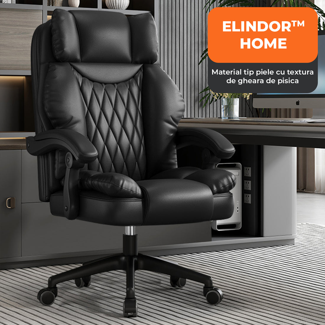 Scaun de Birou Elindor® Ergonomic, Design Contemporan, Scaun cu Spatar si Manere, din Piele PU cu Suport pentru Picioare si Roti, Latime Sezut 58 cm, Inaltime intre 48-56 cm, Negru