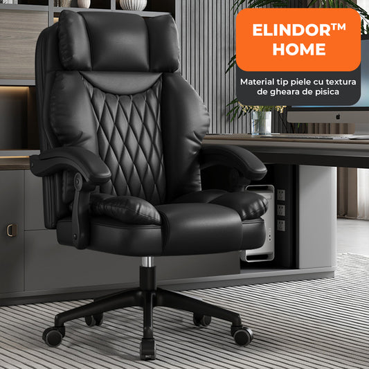 Scaun de Birou Elindor® Ergonomic, Design Contemporan, Scaun cu Spatar si Manere, din Piele PU cu Suport pentru Picioare si Roti, Latime Sezut 58 cm, Inaltime intre 48-56 cm, Negru