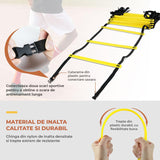 Scara de Antrenament Elindor® pentru Agilitate, Viteza, Rezistenta, Coordonare, Rapiditate, cu 12 Trepte, Lungime Reglabila Treapta 38-42 cm, Interior / Exterior, Geanta de Transport Inclusa, 500 x 42 cm, Galben / Negru