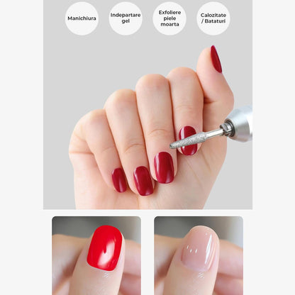 Freza Unghii Electrica Elindor® cu Suport Pila Electrica Reincarcabila, Set Complet de Ingrijire pentru Manichiura si Pedichiura Profesionala, Cuticule sau Calcaie, 45000 RPM, Viteza Reglaj Continuu, 6 Capete Detasabile, 6 Benzi Abrazive, Ecran LCD, Alb