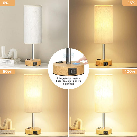 Veioza de Noptiera Elindor® Alba, 3 Moduri de Reglare a Intensitatii, Porturi de Incarcare USB, USB-C si Priza in 2 Pini, Lampa cu Baza din Lemn si Abajur din Tesatura de In, pentru Dormitor, Sufragerie, Birou, Control prin Atingere