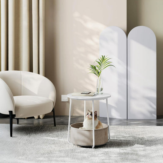 Masa de Cafea Laterala Elindor® Rotunda, Design Industrial, Ideala pentru Living, Birou, Dormitor, Mobila Multifunctionala, Moderna, Greutate Maxima Suportata 35 kg, Cos Depozitare, 50 x 45 x 45 cm, Alb