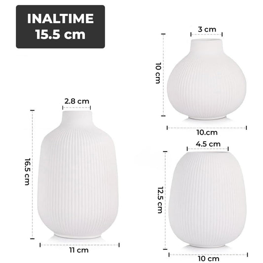 Set 3 Vaze Decorative Elindor® Ideale pentru Flori, Cadou de Casa Noua, Vaza Decorativa pentru Exterior sau Interior, Living, Birou, Dormitor, Hol, Terasa, Textura in Dungi, din Ceramica Alba