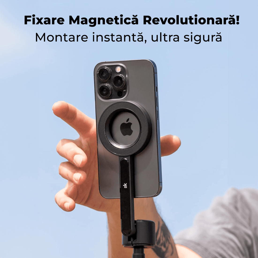 Trepied Magsafe Elindor® pentru iPhone, Selfie Stick, Telecomanda Bluetooth, Negru