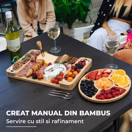 Set Platou Servire Elindor® din Bambus Natural, cu Tava Rotunda, Cutite Branzeturi, Boluri Ceramice si Furculite – Ideal pentru Aperitive, Fructe, Cadouri Casa Noua, Nunta sau Petreceri,  Set Elegant si Practic