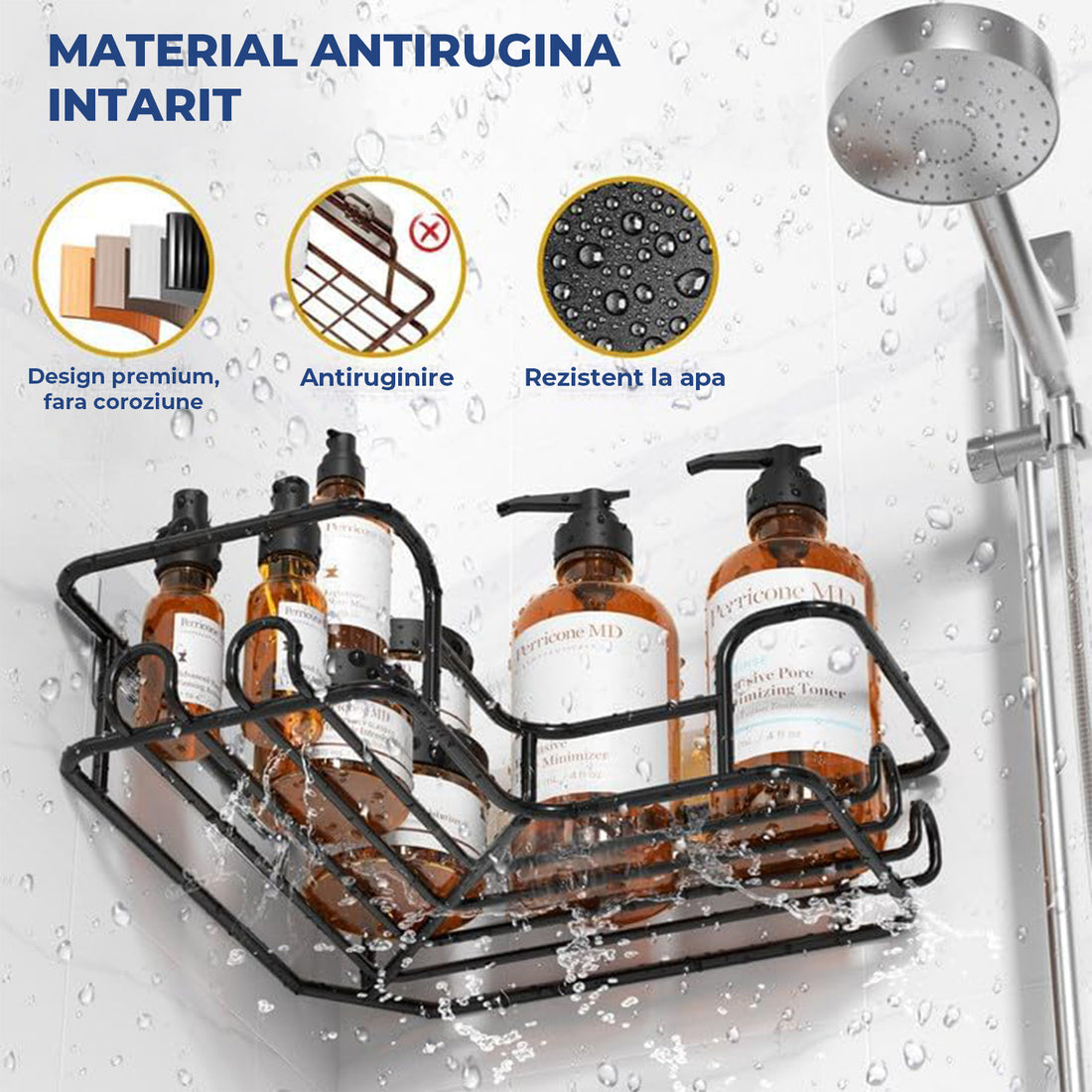 Set 5 Rafturi de Dus Elindor® Polita cu Adeziv, Etajera de Baie pentru Colt, Raft cu Carlige, din Otel Carbon, Suport Prosop si Sapun, Organizator Baie sau Etajere Depozitare in Bucatarie, Accesorii Sanitare, Negru