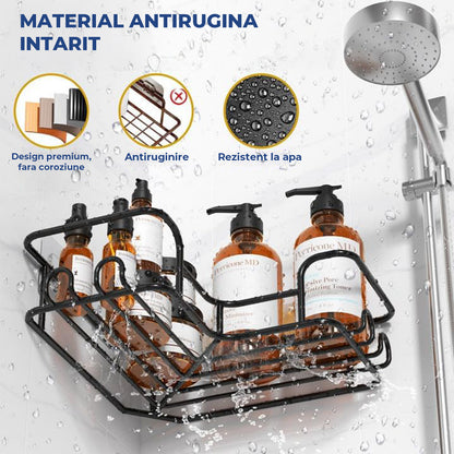 Set 5 Rafturi de Dus Elindor® Polita cu Adeziv, Etajera de Baie pentru Colt, Raft cu Carlige, din Otel Carbon, Suport Prosop si Sapun, Organizator Baie sau Etajere Depozitare in Bucatarie, Accesorii Sanitare, Negru