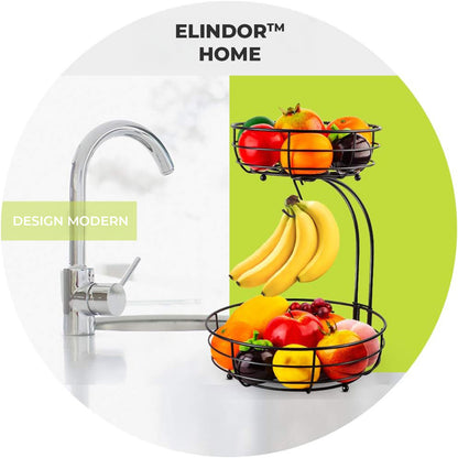 Cos de Fructe si Legume Elindor® Metalic, pe 2 Nivele, cu Carlig pentru Banane, Potrivit pentru Blat sau Masa Bucatarie, Living, Organizator cu Suport Detasabil, Depozitare Universala, 38 x 28 x 22 cm, Negru