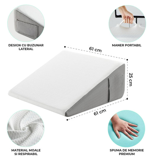 Perna Ortopedica Triunghiulara Elindor® pentru Pat, Perna din Spuma Densa, Suport Spate, Cap, Post-Operator, Anti-Reflux, Antisforait, Antirid, Husa Detasabila cu Fermoar, 61 x 61 x 25 cm, Alb / Gri
