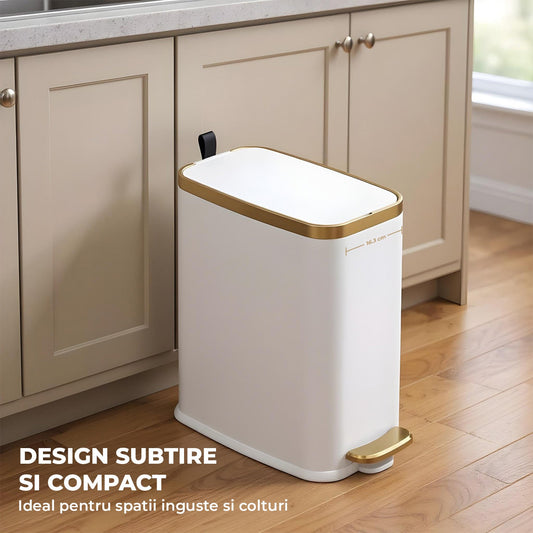 Cos de Gunoi pentru Baie cu Pedala Elindor® Metalic 12 L, Incorporabil, Functie Soft-Close, Capac Anti-Miros, Interior din Plastic, Pubela Slim pentru Bucatarie, Birou, Camera, Colectare Hartie Igienica si Deseuri, Design Compact si Modern, Alb cu Auriu