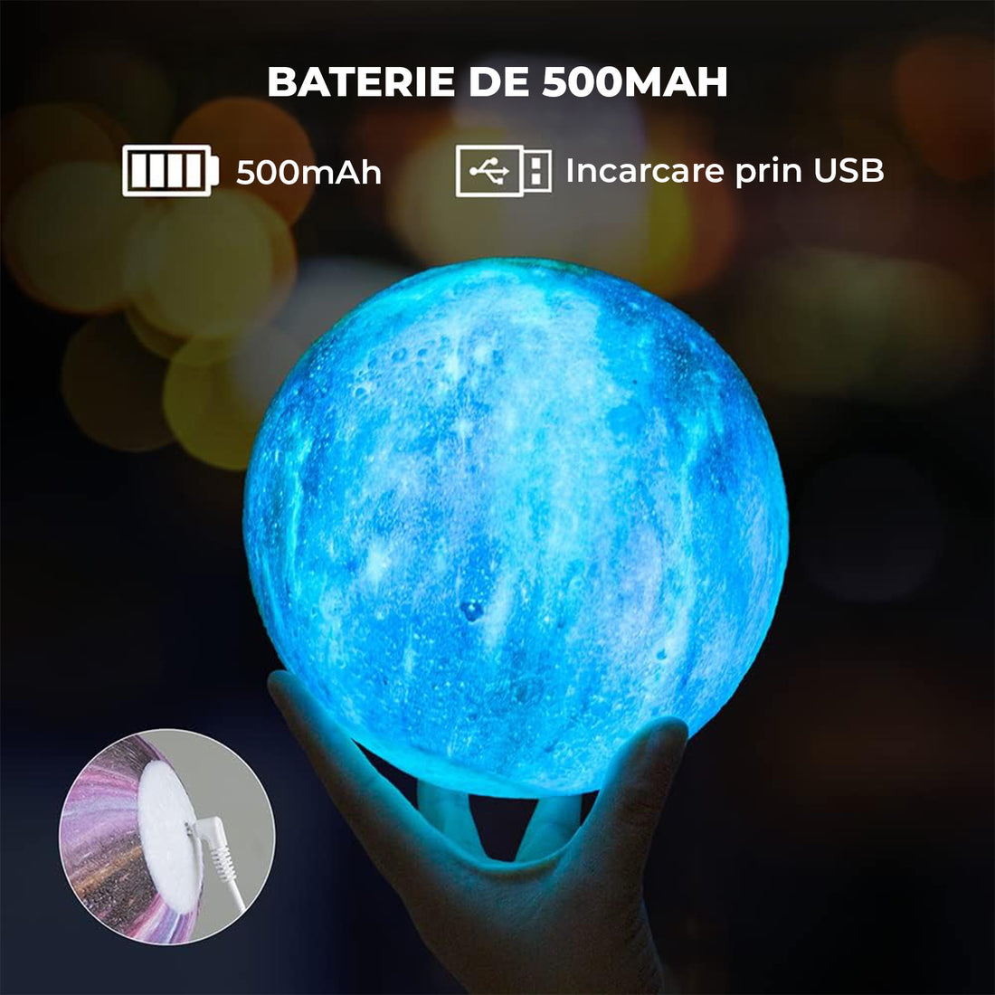 Lampa de Veghe Elindor® cu LED, Model Luna si Galaxie, Incarcare USB, 16 Culori pentru Camera cu Efect 3D, Veioza Control prin Atingere si cu Telecomanda, Potrivita si pentru Noptiera in Dormitor,  Atractiva pentru Camera Copilului, Baza din Lemn
