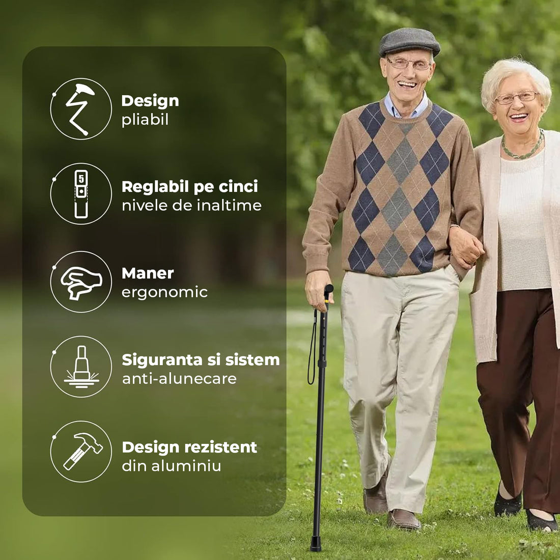 Baston Ortopedic Elindor® de Sprijin Pliabil, Usor si Reglabil, Potrivit pentru Ambele Maini, din Aluminiu Rezistent, Ofera Stabilitate si Sustinere pana la 100 Kg, Carja pentru Varstnici si Recuperare, Negru