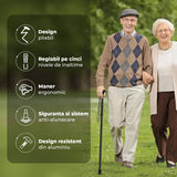 Baston Ortopedic Elindor® de Sprijin Pliabil, Usor si Reglabil, Potrivit pentru Ambele Maini, din Aluminiu Rezistent, Ofera Stabilitate si Sustinere pana la 100 Kg, Carja pentru Varstnici si Recuperare, Negru