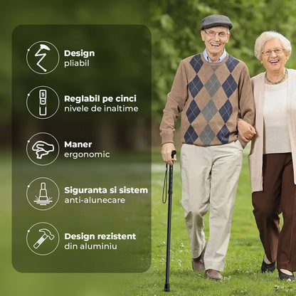 Baston Ortopedic Elindor® de Sprijin Pliabil, Usor si Reglabil, Potrivit pentru Ambele Maini, din Aluminiu Rezistent, Ofera Stabilitate si Sustinere pana la 100 Kg, Carja pentru Varstnici si Recuperare, Negru