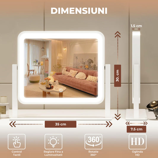 Oglinda Cosmetica Alba Elindor® Iluminata Led 360°, de Masa, Buton Touch, Lumina Ajustabila, Alimentare Continua Cablu USB, Oglinzi Cosmetice pentru Coafor, Barbierit, Pensat, Vopsit, Tuns si Machiaj, Frizerie, 35 x 30 cm