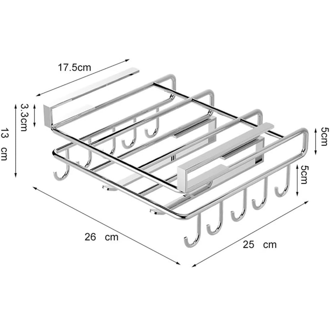 Suport de Perete Elindor® pentru Ustensile de Bucatarie, cu 10 Carlige, Sistem de Prindere prin Agatare, fara Gauri, Depozitare Diversa si Multipla, Suport Metalic, Accesorii Organizare, Economisire Spatiu, Organizator de 26 x 25  x 13 cm, Argintiu