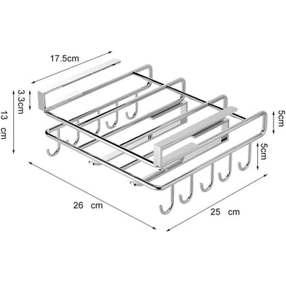Suport de Perete Elindor® pentru Ustensile de Bucatarie, cu 10 Carlige, Sistem de Prindere prin Agatare, fara Gauri, Depozitare Diversa si Multipla, Suport Metalic, Accesorii Organizare, Economisire Spatiu, Organizator de 26 x 25  x 13 cm, Argintiu