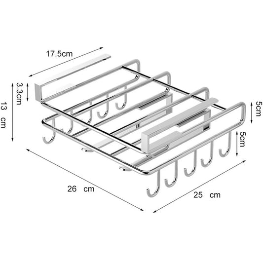 Suport de Perete Elindor® pentru Ustensile de Bucatarie, cu 10 Carlige, Sistem de Prindere prin Agatare, fara Gauri, Depozitare Diversa si Multipla, Suport Metalic, Accesorii Organizare, Economisire Spatiu, Organizator de 26 x 25  x 13 cm, Argintiu