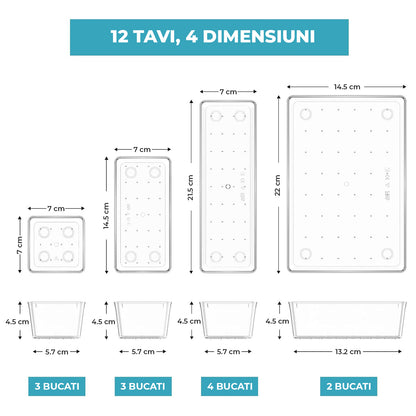 Set 12 Cutii Depozitare Elindor® Organizator pentru Bucatarie si Baie, 4 Marimi, Organizatoare Dulap si Sertare, Cutie pentru Sertar, Frigider, Camara, Baie, Bar, Birou, Cos Multifunctional, Separator Fructe, Legume, Creme, Parfumuri, Plastic Acrilic