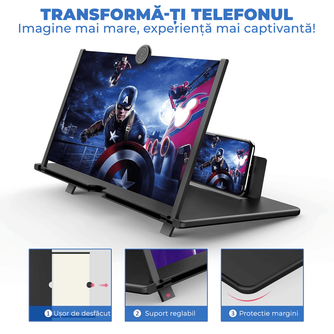 Lupa Pliabila Elindor® pentru Telefon cu Efect 3d si Zoom 4x Marire, Diagonala de 12 inch, suport telefon universal, Negru