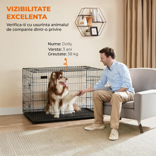 Cusca pentru Animale Elindor® Pliabila, Potrivita pentru Caini de Talie Medie, Mare si Foarte Mare de 42-50 Kg, Utilizare in Interior si Exterior sau Calatorii, cu 2 Usi, Baza din Plastic Detasabila, 2 Manere pentru Transport, 122 × 74,5 × 80,5 cm, Negru