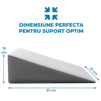 Perna Ortopedica Triunghiulara Elindor® pentru Pat, Perna din Spuma cu Memorie, Suport Spate, Cap, Post-Operator, Anti-Reflux, Antisforait, Antirid, Husa Detasabila cu Fermoar, 61 x 61 x 19 cm, Alb / Gri