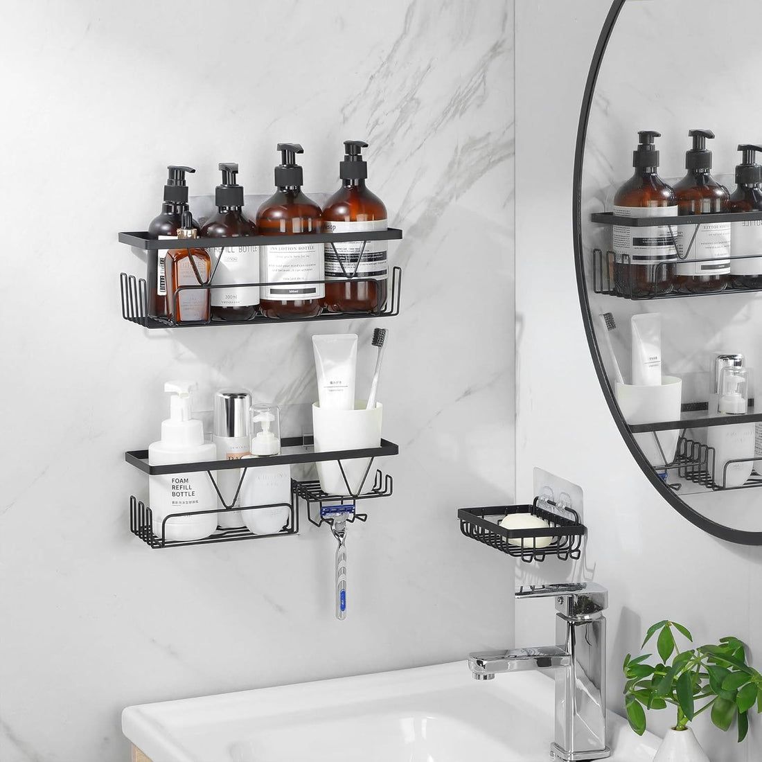 Set 3 Rafturi Elindor® pentru Duș, din Oțel Inoxidabil, Adeziv Puternic, Negru