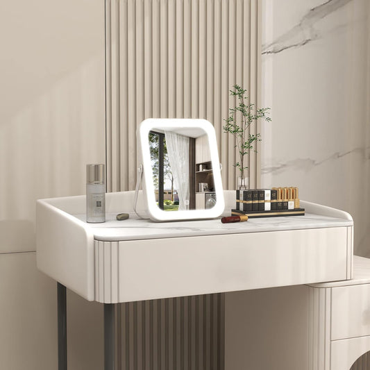 Oglinda Machiaj LED Elindor®, Iluminare 3 Tonuri Reglabile, Control Tactil, Suport Inclus, Accesoriu Portabil Cosmetica, pentru Dormitor, Calatorii, Masuta Toaleta, Design Compact si Elegant, Alb