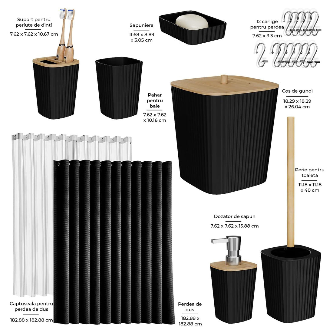 Set 20 Accesorii Baie Elindor® Include Cos de Gunoi, Set Perie WC, Suport Periuta Dinti, Pahar, Dozator Sapun, Sapuniera, Perdea Dus, 12 Carlige, Accesorii pentru Uz Casnic, Comercial, Rulote, Negru