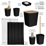 Set 20 Accesorii Baie Elindor® Include Cos de Gunoi, Set Perie WC, Suport Periuta Dinti, Pahar, Dozator Sapun, Sapuniera, Perdea Dus, 12 Carlige, Accesorii pentru Uz Casnic, Comercial, Rulote, Negru