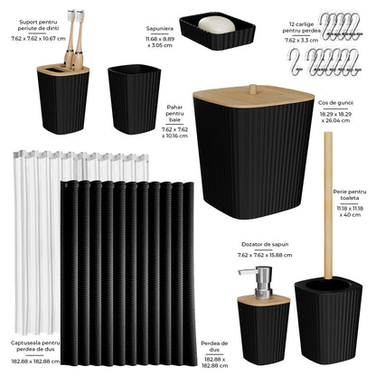 Set 20 Accesorii Baie Elindor® Include Cos de Gunoi, Set Perie WC, Suport Periuta Dinti, Pahar, Dozator Sapun, Sapuniera, Perdea Dus, 12 Carlige, Accesorii pentru Uz Casnic, Comercial, Rulote, Negru