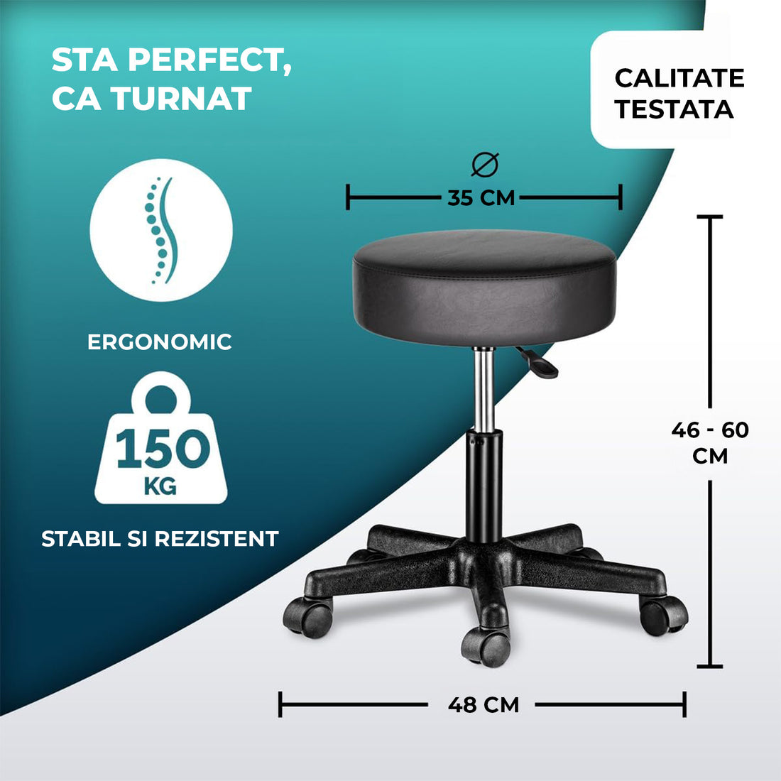 Scaun Rotativ Elindor® cu Roti, Ergonomic, fara Spatar si Manere, Design Compact, Tapitat cu Burete Moale, cu Picior Metalic, Potrivite pentru Living, Bucatarie, Birou, Dormitor, Inaltime Ajustabila, 48 x 48 x 46-60 cm, Negru