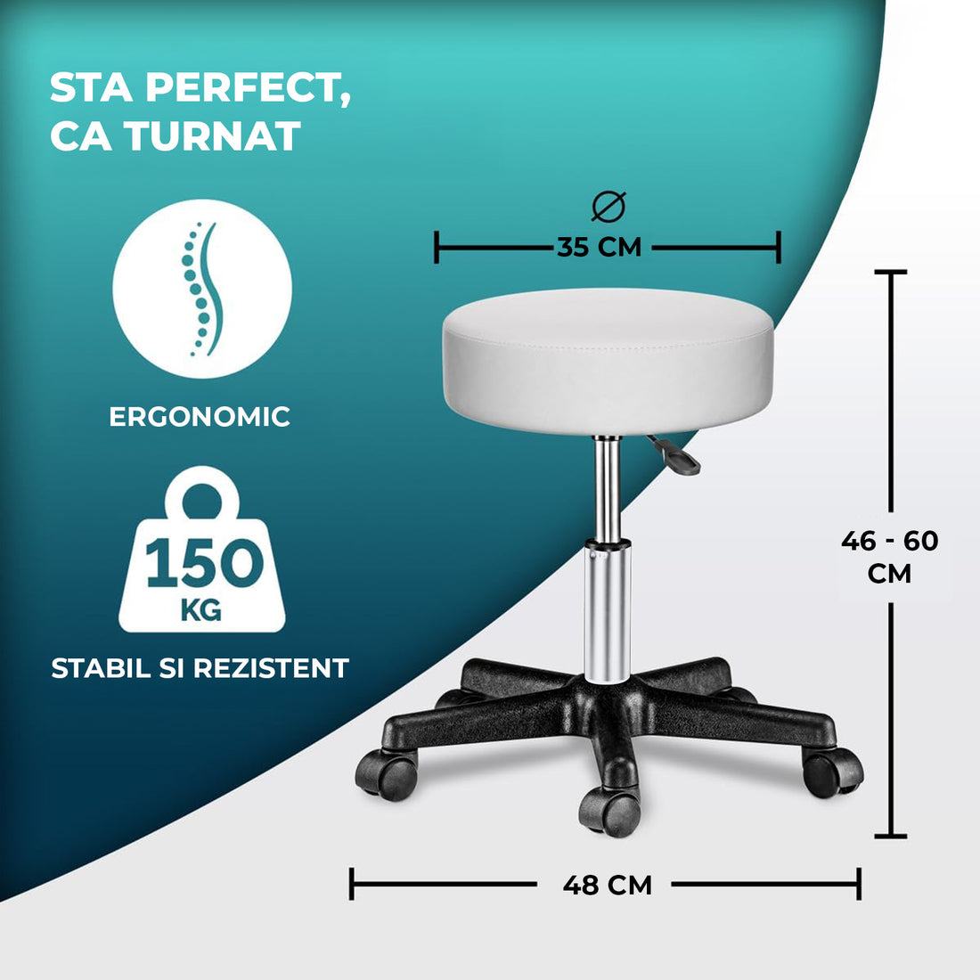 Scaun Rotativ Elindor® cu Roti, Ergonomic, fara Spatar si Manere, Design Compact, Tapitat cu Burete Moale, cu Picior Metalic, Potrivite pentru Living, Bucatarie, Birou, Dormitor, Inaltime Ajustabila, 49 x 49 x 46-60 cm, Alb
